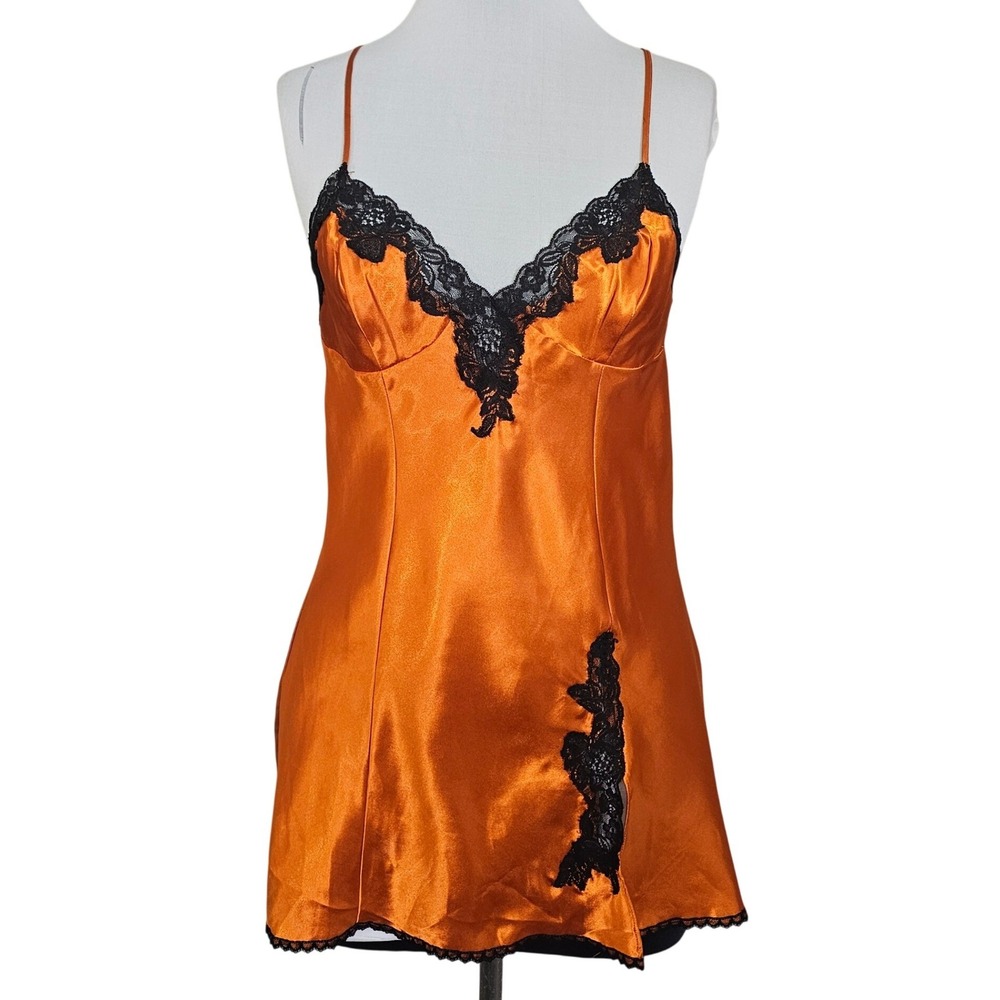Fredericks of Hollywood Orange Satin Lace Trim Chemise Nightgown L Halloween